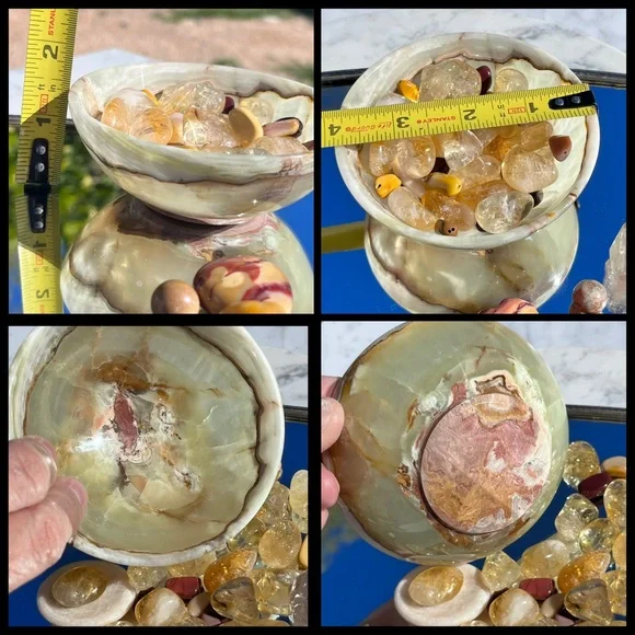 Smoky Quartz point, Mookite Jasper Heart, Green & Yellow Acorns, Onyx Bowl - Picture 15 of 17